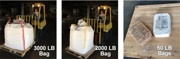 50 lbs Bags<br />
1 ton Mini Bags (2000 lbs Bags)<br />
1.5-ton Bulk Bags (3000 lbs Bag)